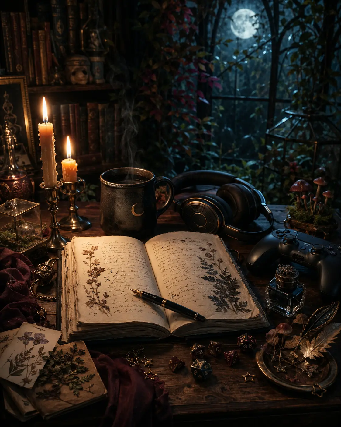 A candlelit writing desk with a journal, music, game controller, dice, and botanical curios