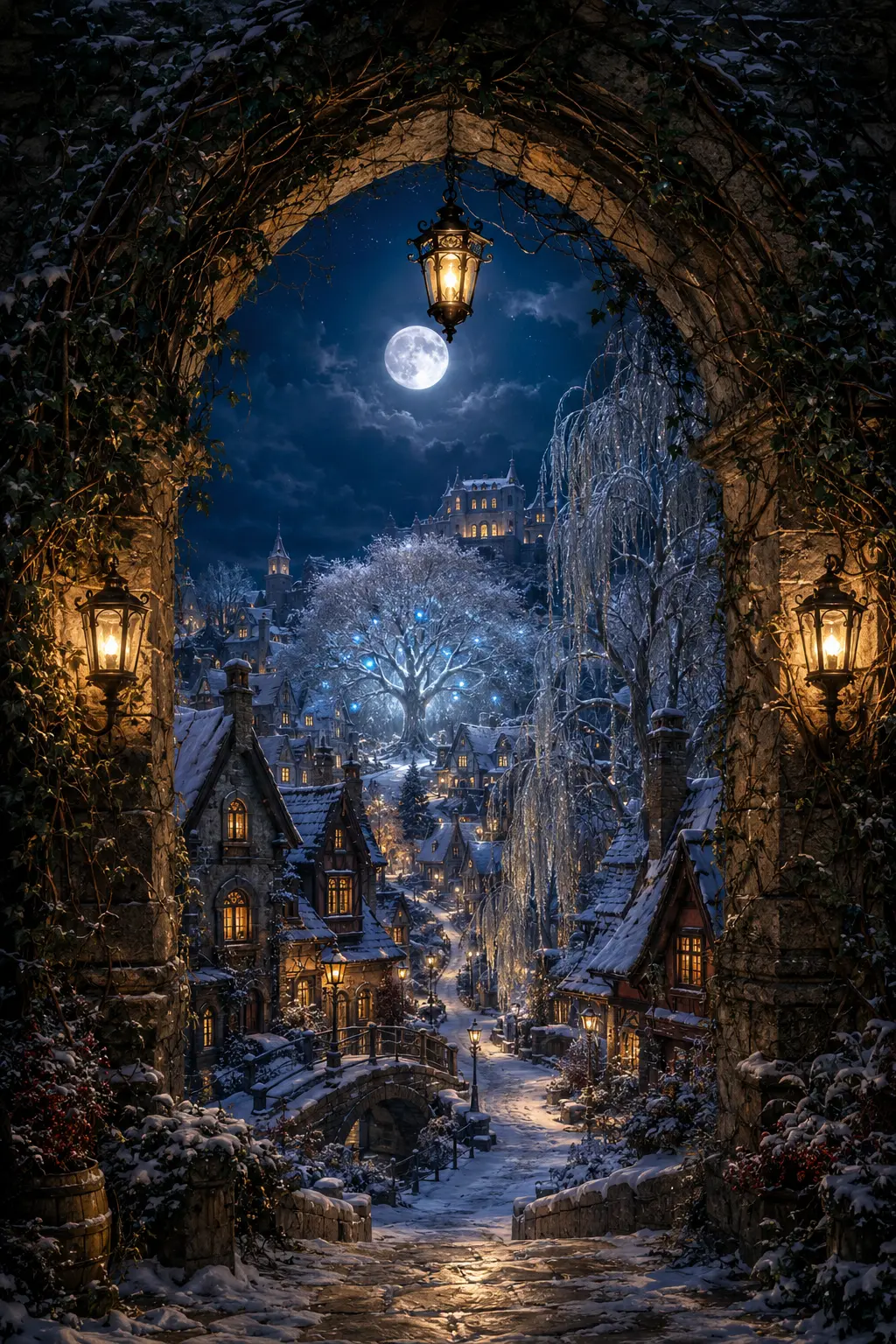 Willow Haven glowing beneath a winter moon through a vine-covered stone arch
